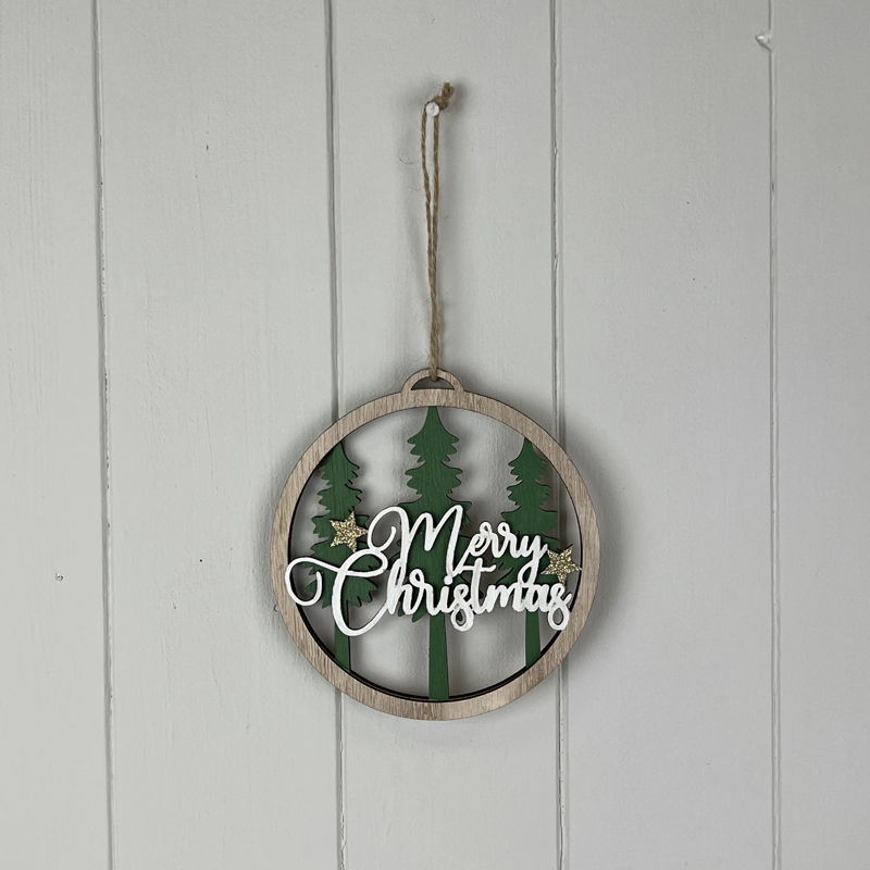 Hanging Wooden 'Merry Christmas' Green Tree Scene detail page
